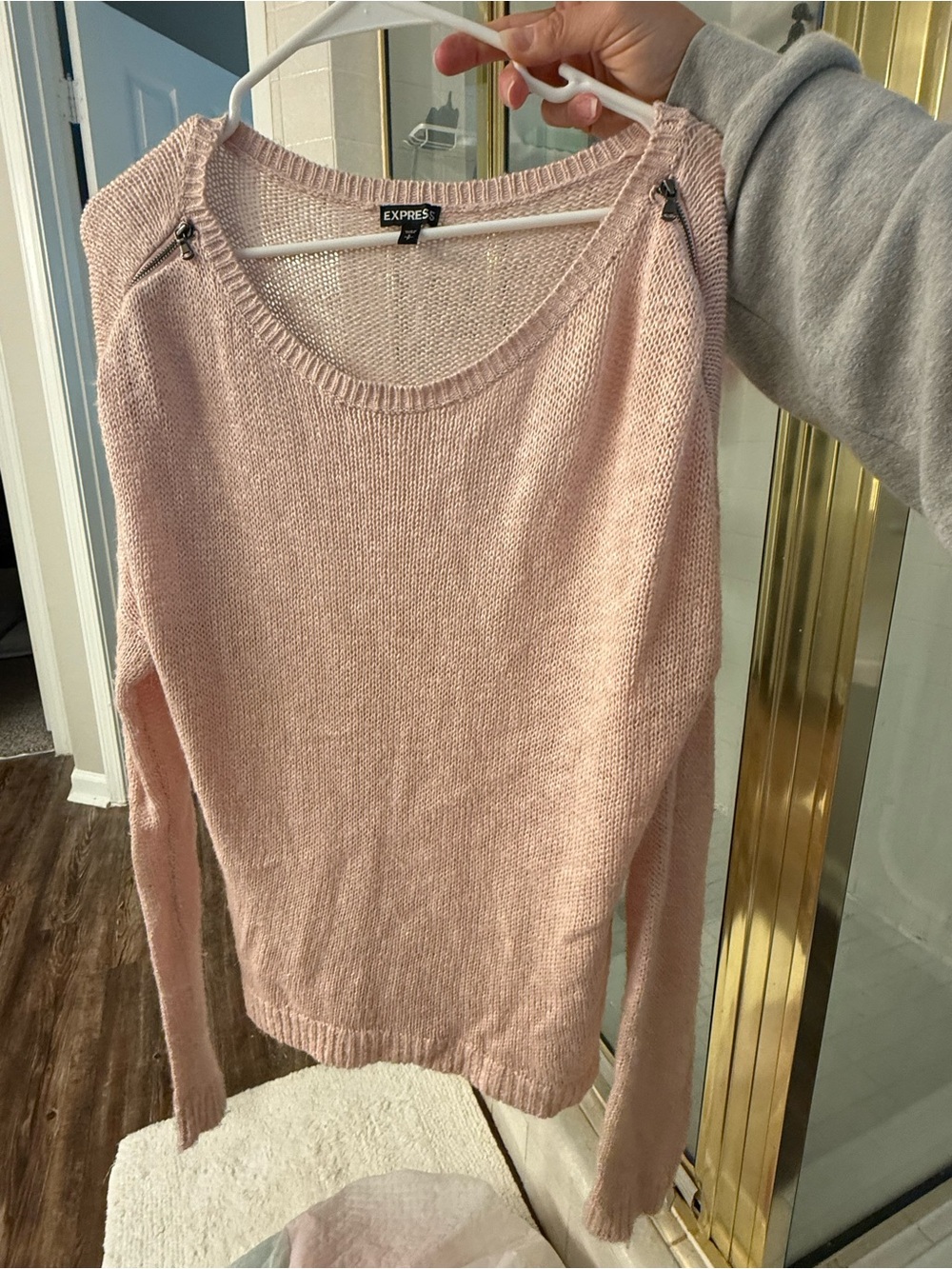 Express Light Pink Zip-Shoulder Scoop Neck Sweater